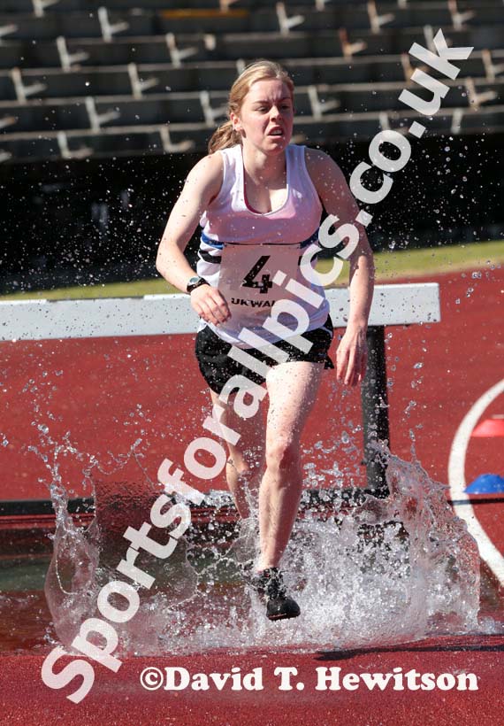 Lauren Stoddard (Edinburgh AC) winning the 2000 metres steeplechase in a League Record at the UK Women's National League, Premier, Meadowbank, Edinburgh.